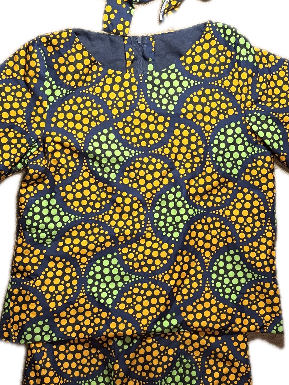 African Wax Print Midi Matching Top and Skirt in Yellow & Green Dot Wave Print
